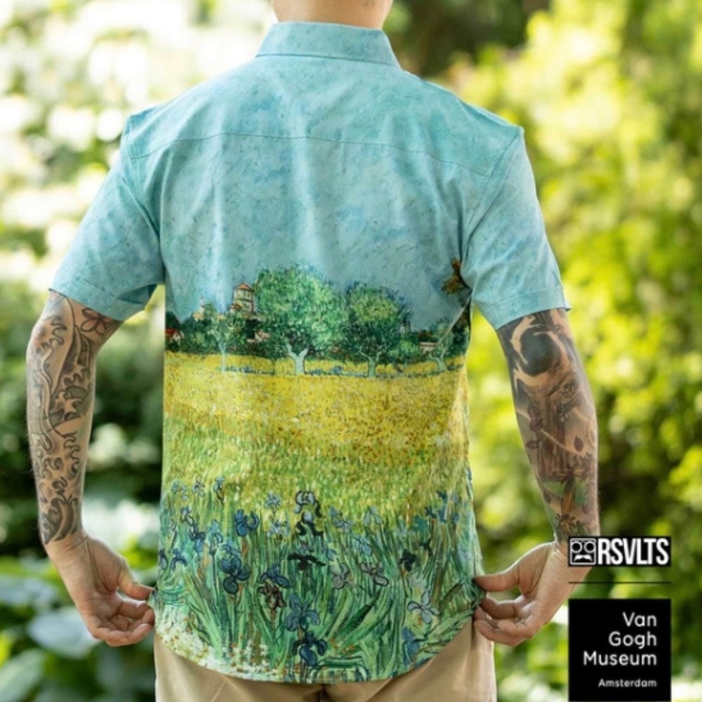 RSVLTS Van Gogh Museum Series Field With Irises near Arles Button-Up Shirt,Large - Picture 2 of 6